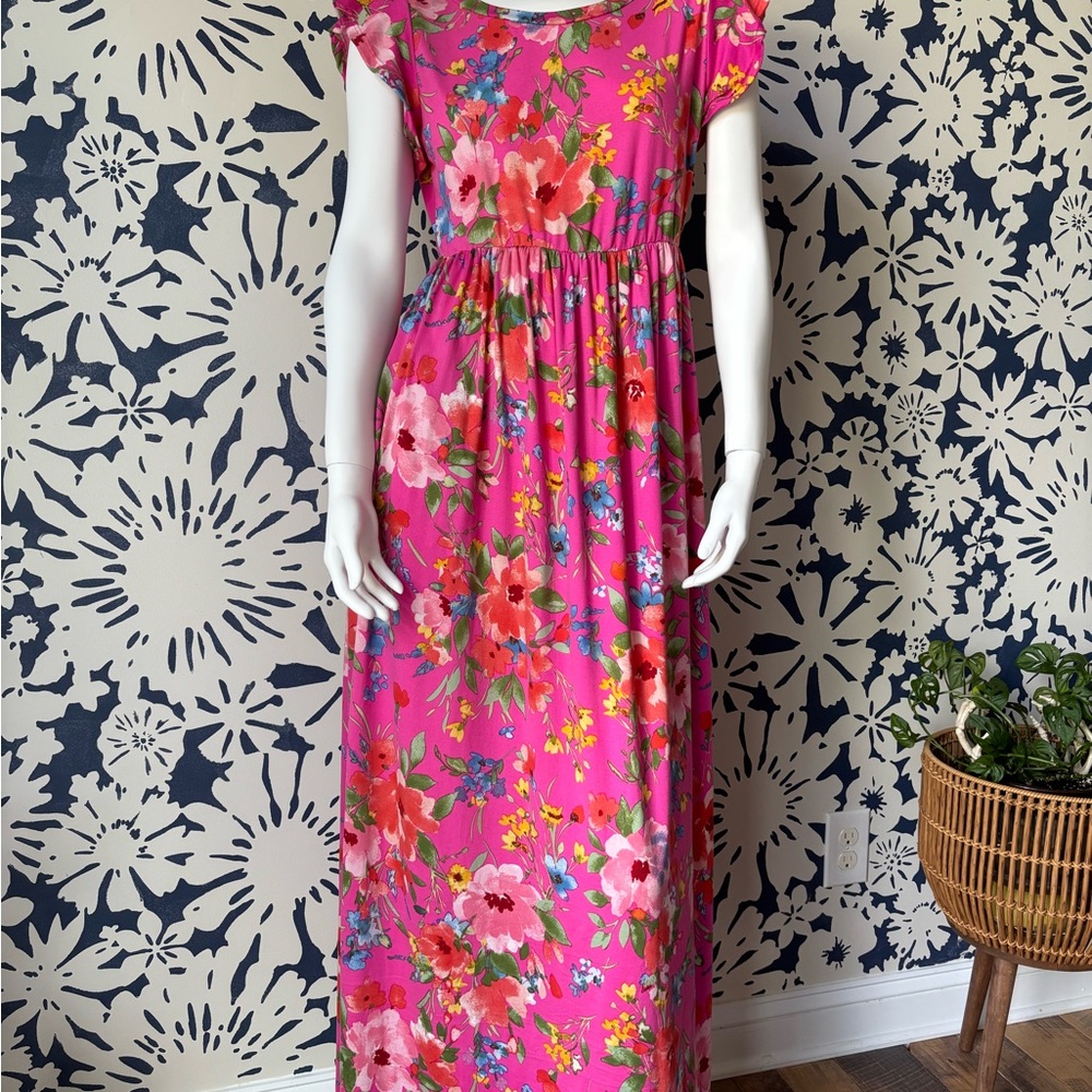 Pink Maxi Sundress with Flutter Cap Sleeves for Weddings